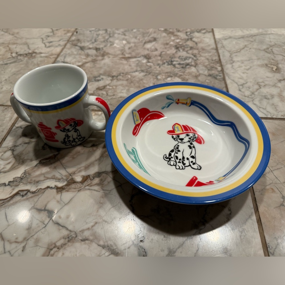 Tiffany & Co Fire Station Dalmatian Children’s Dinnerware 2pc Set Mug Bowl EUC